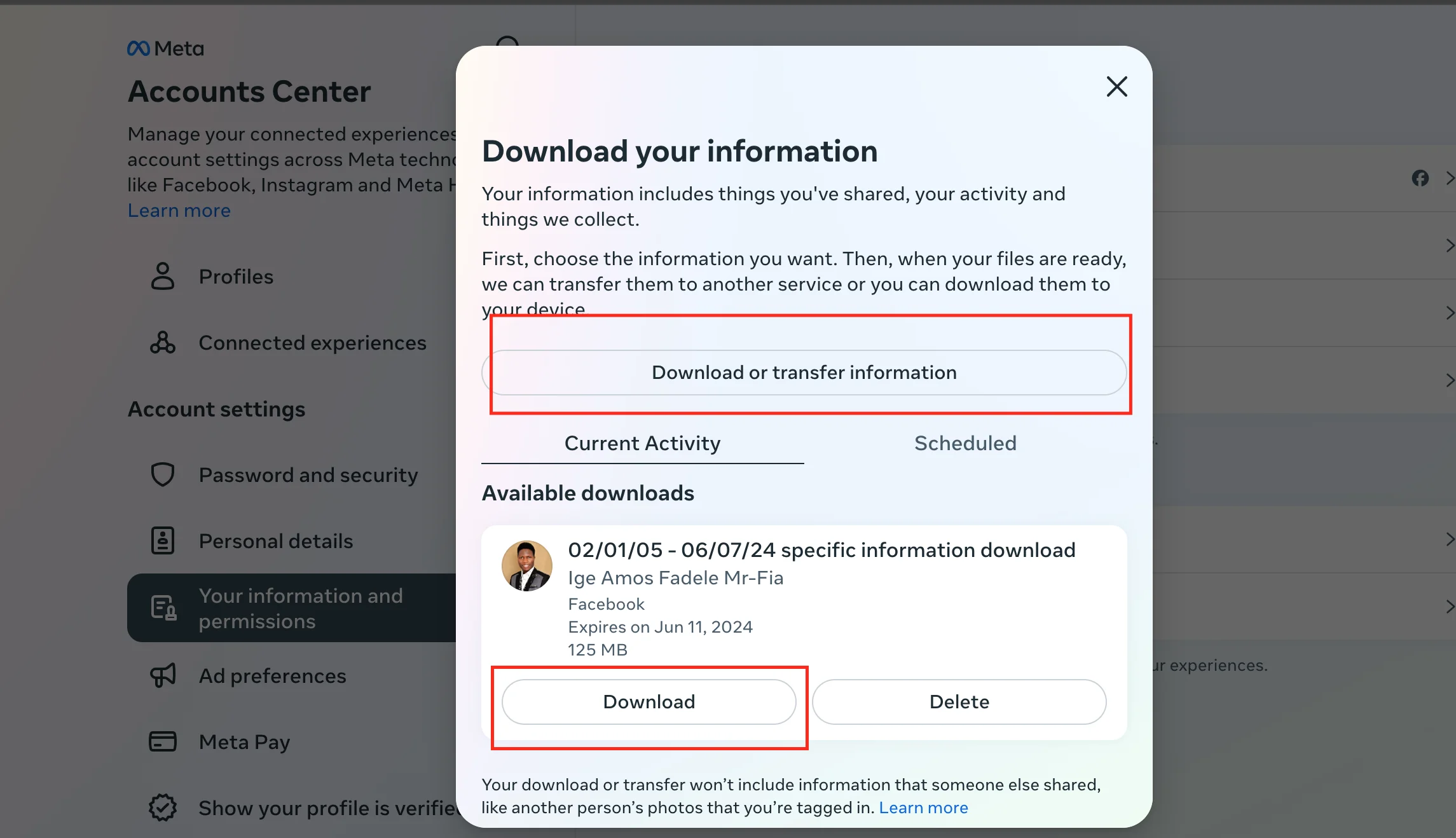 Step 2 - Click Download or transfer information